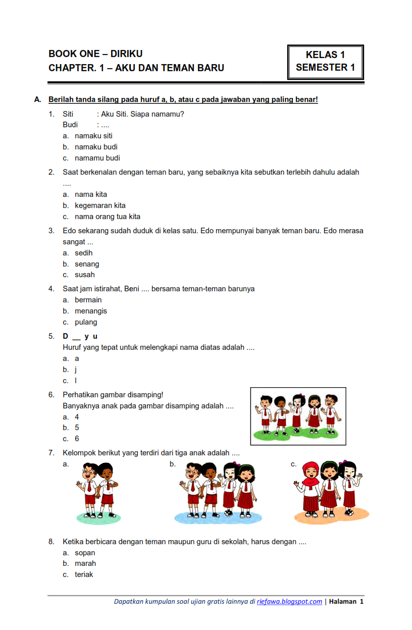 7 Contoh Soal PAS Gasal Tema 3 Kelas 1 SD Wajib Dikuasai Sebelum Ujian Semester 2026