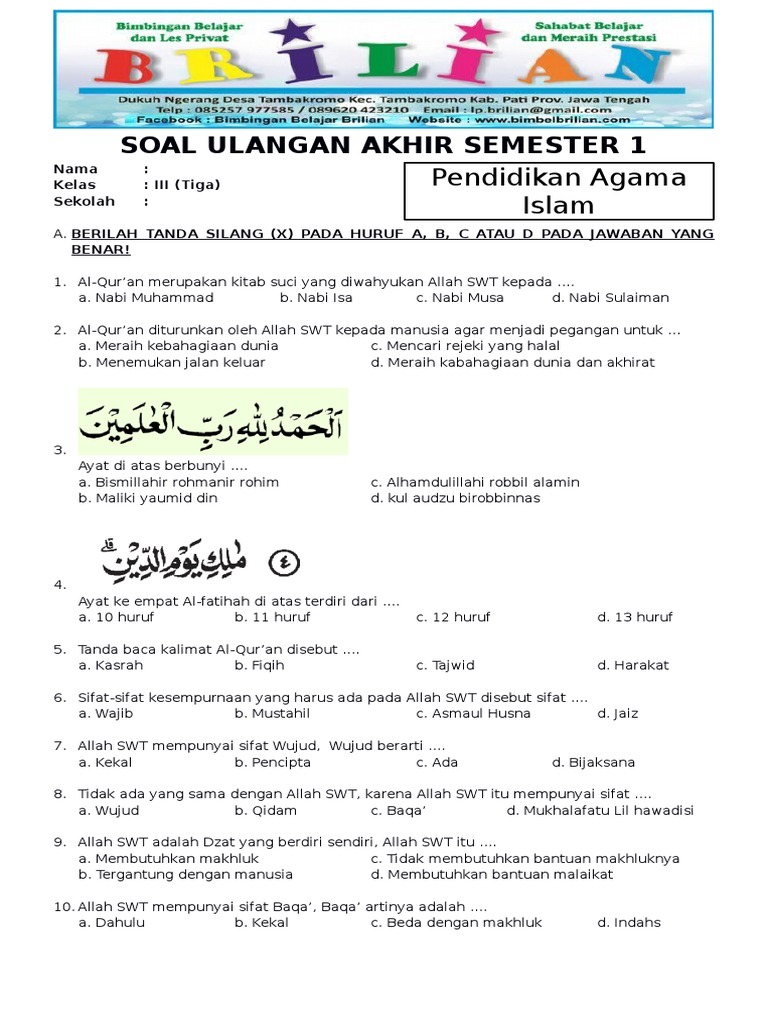 10 Contoh Soal PAI Kelas 3 SD Semester 1 yang Wajib Dikuasai Sebelum Ujian Akhir