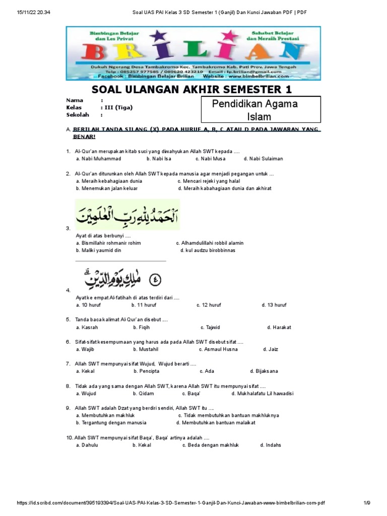 Download Soal UTS PAI Kelas 3 SD Semester 1 2026 Terbaru, 7 Contoh Soal Paling Sulit dan Kunci Jawaban