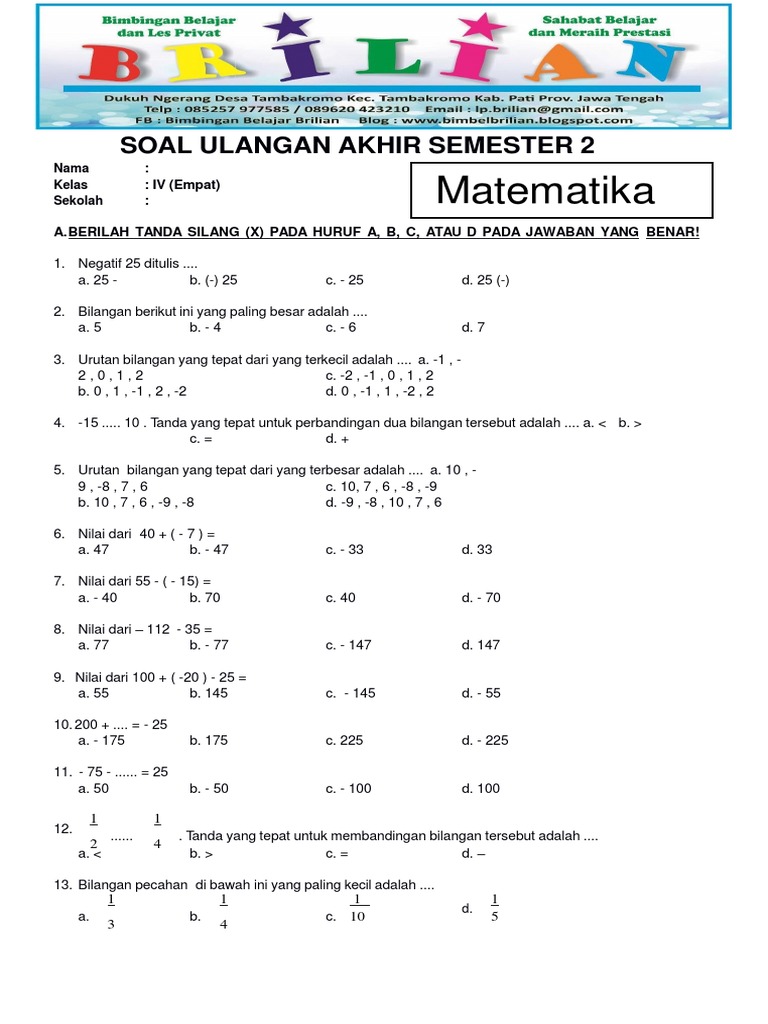 Soal Matematika Kelas 4 Semester 2 PDF Soal Matematika Kelas 4 Semester 2 PDF