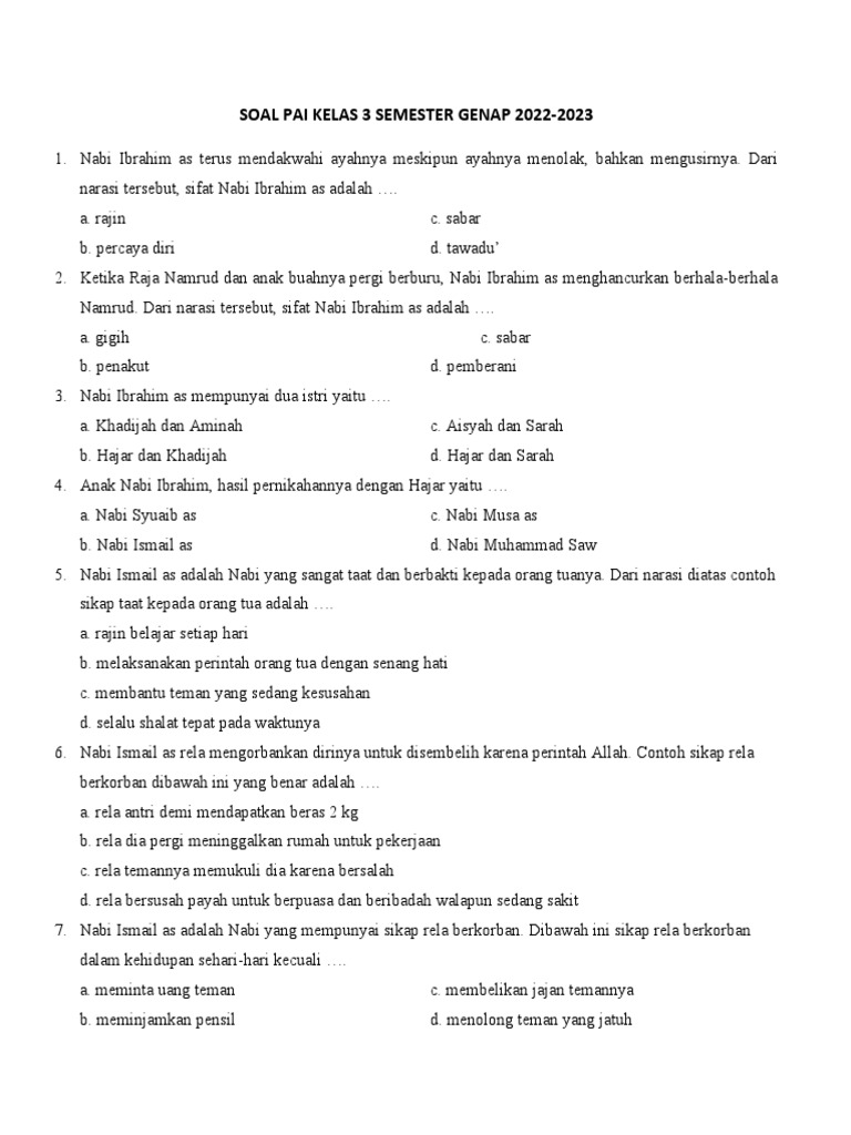 Soal Pai Kelas 3 SD Semester Genap 2022-2023 PDF Soal Pai Kelas 3 SD Semester Genap 2022-2023 PDF