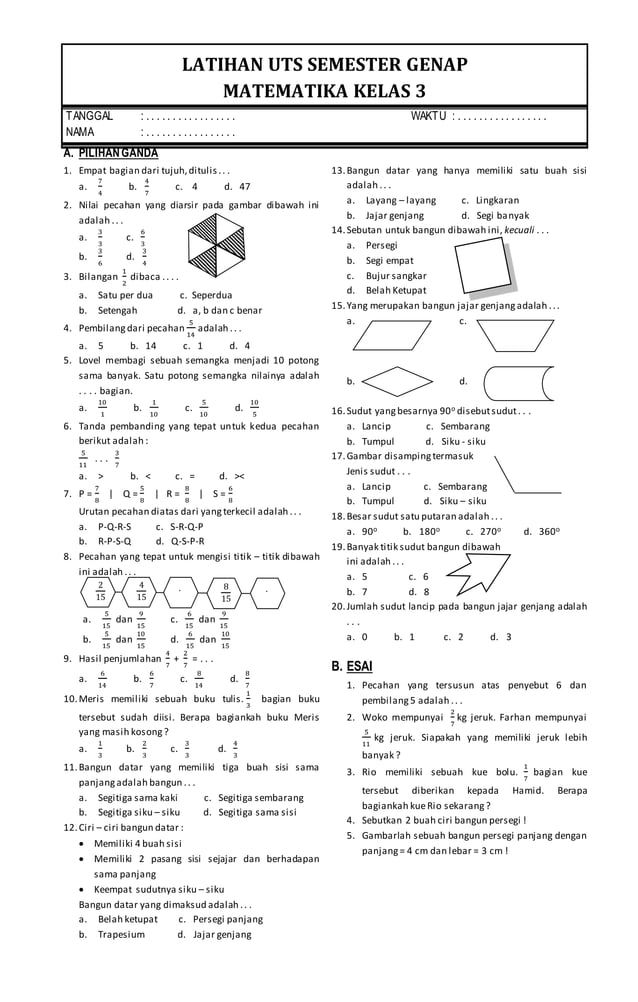 Ternyata Ini Dia Download Soal UTS Matematika Kelas 3 Semester 2 KTSP Paling Dicari Sebelum Terlambat