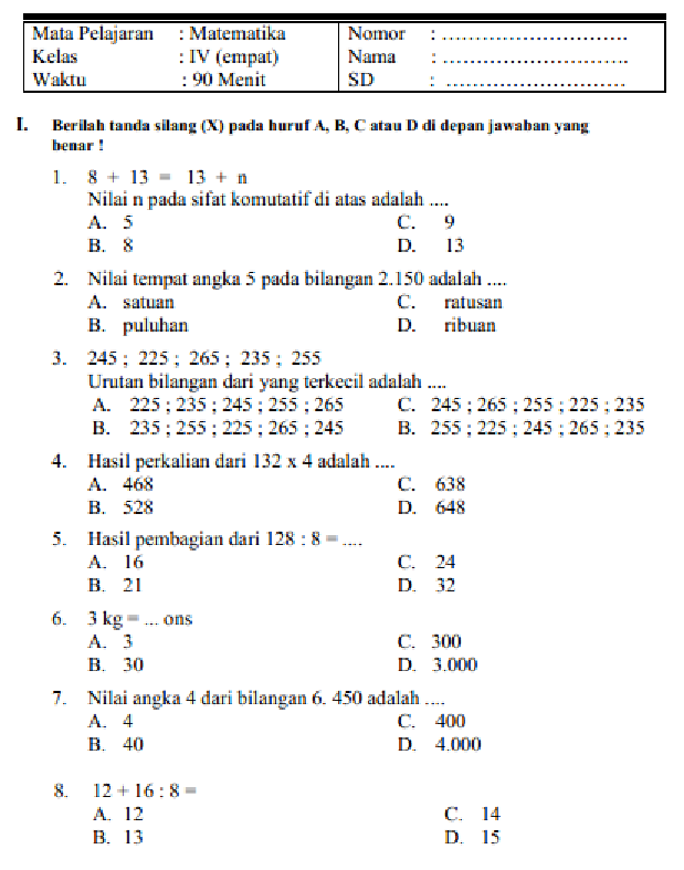 Rahasia Lulus Ujian: Bocoran soal pas matematika kelas 4 semester ganjil terbaru Rahasia Lulus Ujian: Bocoran soal pas matematika kelas 4 semester ganjil terbaru