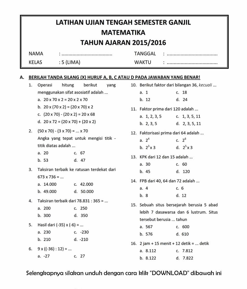Wajib Tahu! Kumpulan Soal UTS Matematika Kelas 5 Semester 1 Kurikulum 2013 Terbaru Wajib Tahu! Kumpulan Soal UTS Matematika Kelas 5 Semester 1 Kurikulum 2013 Terbaru
